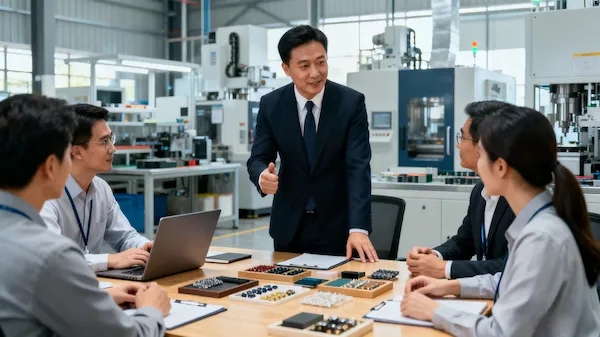 China sourcing agent working with suppliers in a factory