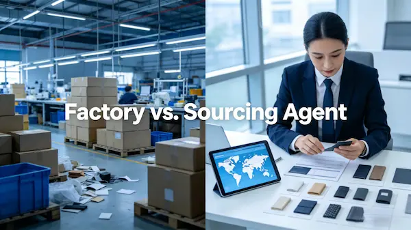 Comparison between buying from factory vs sourcing agent showing logistics and quality control