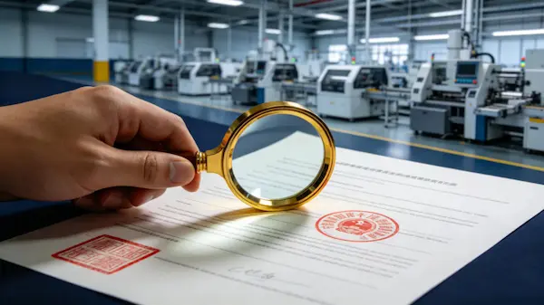 Magnifying glass over a Chinese business license representing due diligence