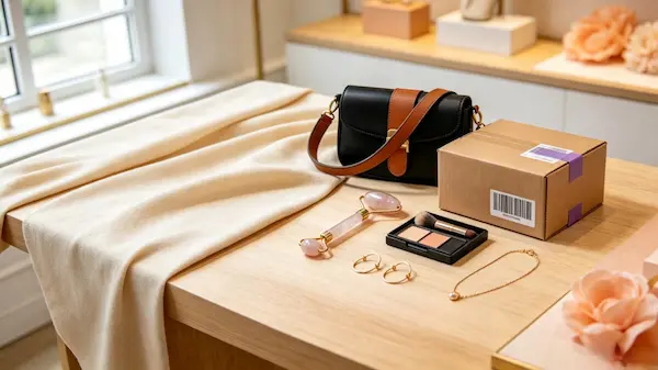 A curated collection of 50 top products to import from China showing beauty tools, boutique bags, and gold jewelry sample boxes for small business sourcing.