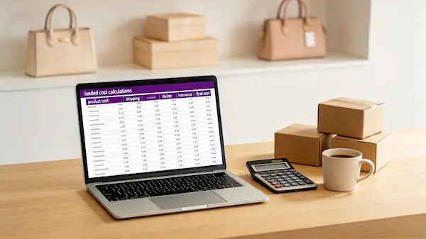 E-commerce imported product cost breakdown workspace showing landed cost calculation on a laptop, calculator, and boutique handbag samples for China import guide.